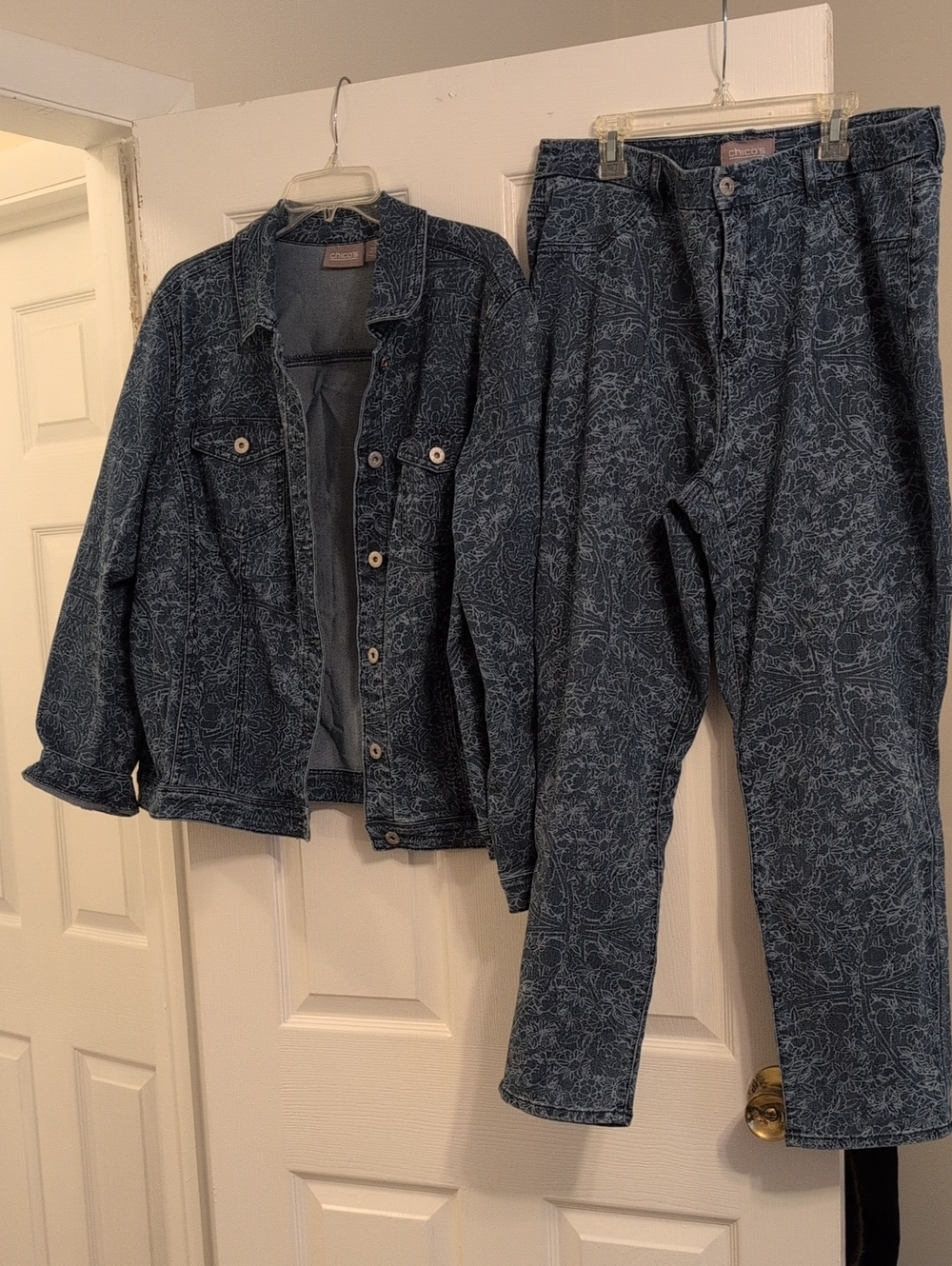 Chico's Navy Patterned Denim Jacket and Jeans Set